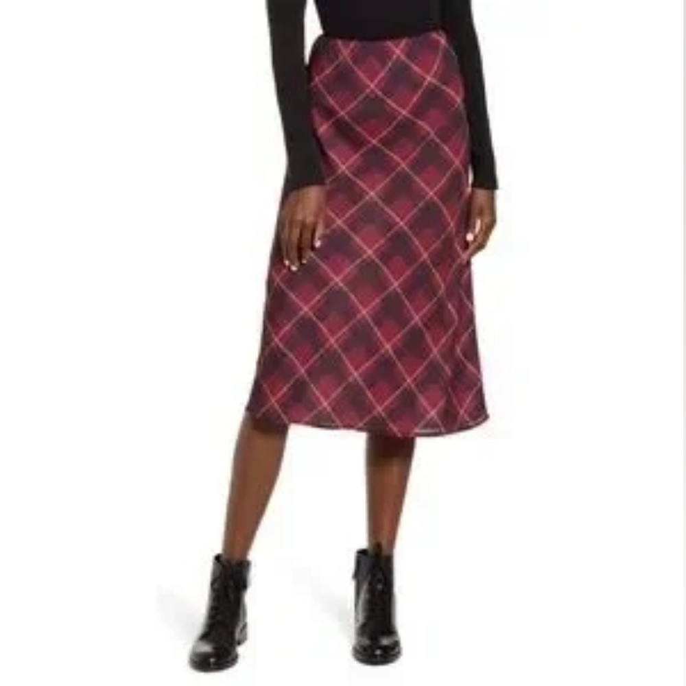 BAND OF GYPSIES ​A-Line Column Plaid Midi Skirt Black & Burgundy Argyle, size S
